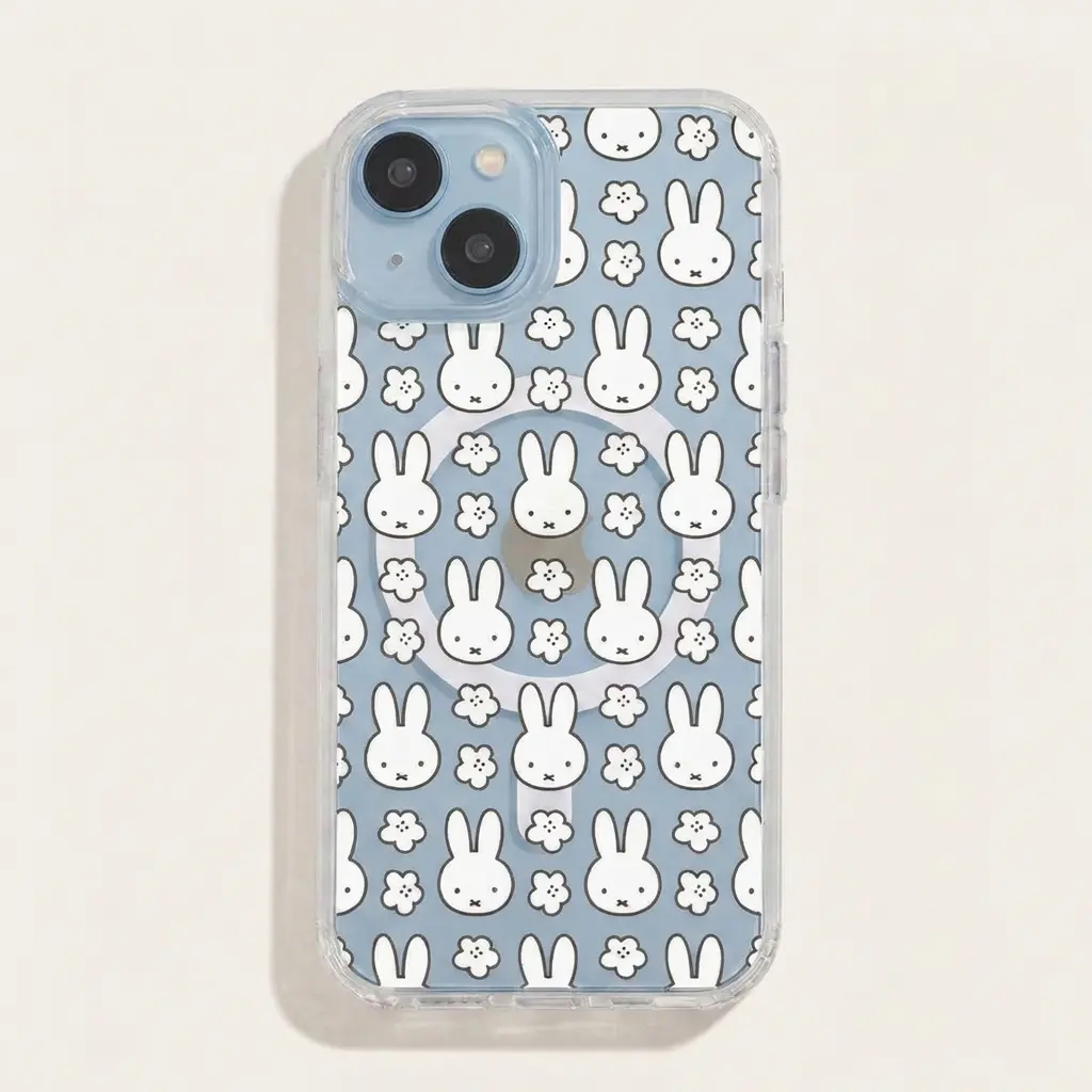 Cute Kawaii Miffy Flower Repeat MagSafe Clear Phone Case, Cute Bunny Shockproof Protective Cover, Slim Wireless Magnetic Case for iPhone 17 16 15 14 13 12 11 Pro Max, Samsung S26 S25 S24 S23 S22 Ultra