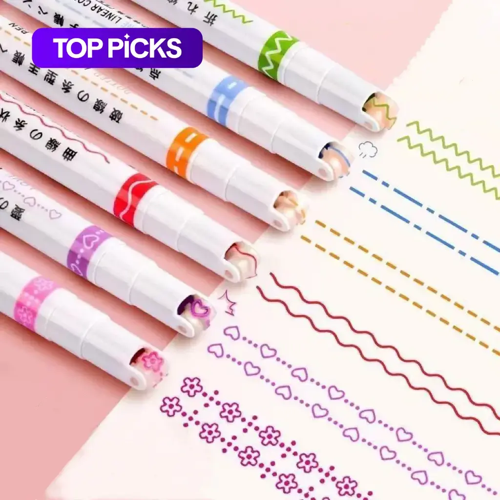 6-Count Marker Pen Set with Unique Curve Shapes, Assorted Colors, Ideal for Note-Taking and Creative Drawing, Art Pen, Artist Drawing Pen, Writing Stationery, Note Taking Pens, Doodle Pen