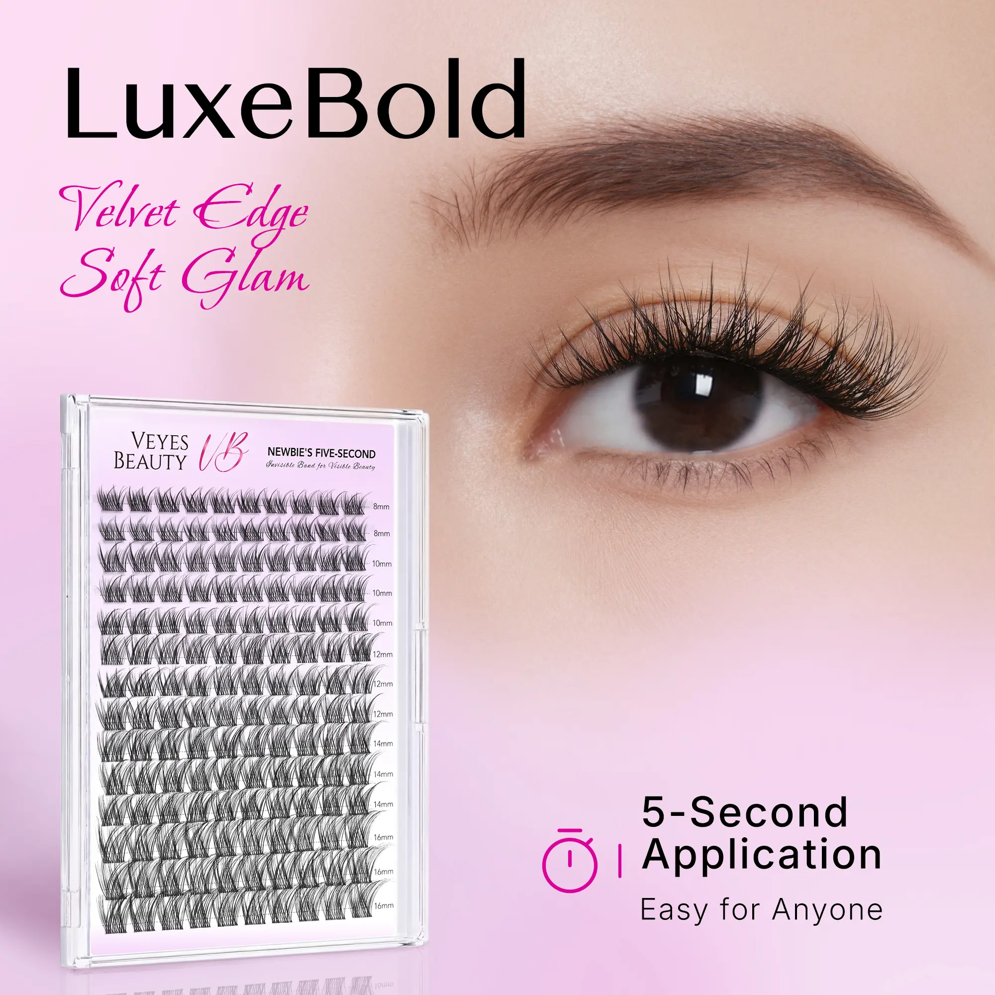 VEYESBEAUTY LuxeBold Set Cluster Eyelash Extensions, PBT Fibers Wispy Mink Finish, Dramatic Curl DIY Lash Kit with Bond, Seal & Tweezer, Mixed-Length Large Tray for Self-Makeup Cosmetics