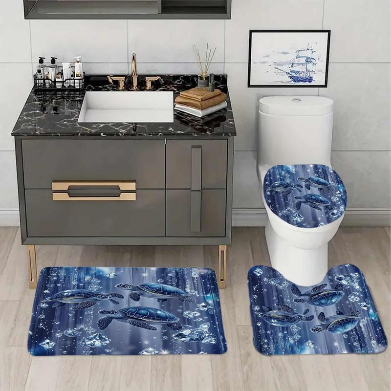 1/4pcs Sparkling Diamond And Turtle Pattern Shower Curtain Set with 12 Hooks Includes Non-Slip Bathroom Mat Toilet U-Shaped Pad Toilet Seat Cover Bathroom Decor And Bathtub Divider Perfect for Housewarming & Christmas Gifts