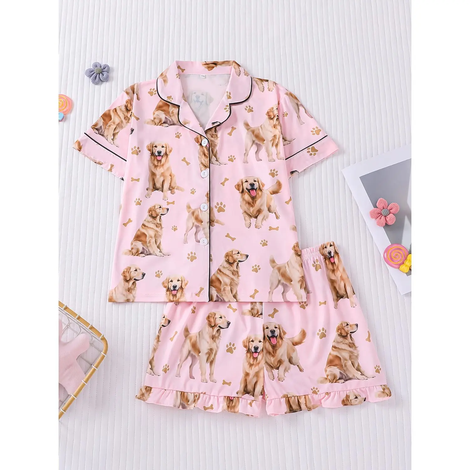 Pink Golden Retriever Print Two-Piece Pajama Set - Short Sleeve Button-Up Top and Elastic Waist Shorts, Flame-Resistant Sleepwear for Girls, Comfortable and Stylish Home Wear