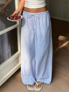 Fashionable Blue Striped Women's Pants, Casual Street Pants, Everyday Casual Wear, Vacation, Home, Beach Use, Fitted Style, All Seasons, Stripe Pattern