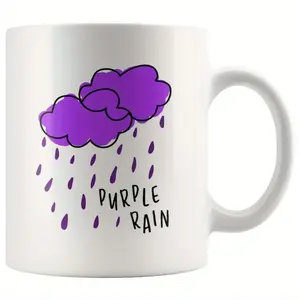 Purple Rain" Prince Tribute 11oz White Ceramic Mug - Double-Sided Cloud & Raindrop Design, Durable & Machine Washable, Ideal Gift for Music Lovers & Coffee Enthusiasts