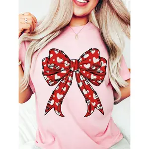 100% Cotton Cute Bow Heart T-Shirt - Red and White Bow, Heart Pattern, Comfortable Casual Crew Neck T-Shirt, Suitable for Women, Valentine's Day Gift, Casual Wear |       Optimistic Design |       Expandable Material