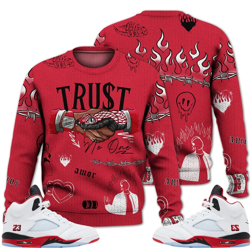 2025 Fire Red Black Tongue 5s Sweater, Sweatshirt Trust No One Outfits Streetwear Unisex Sneaker Matching Tee Fabric Menswear