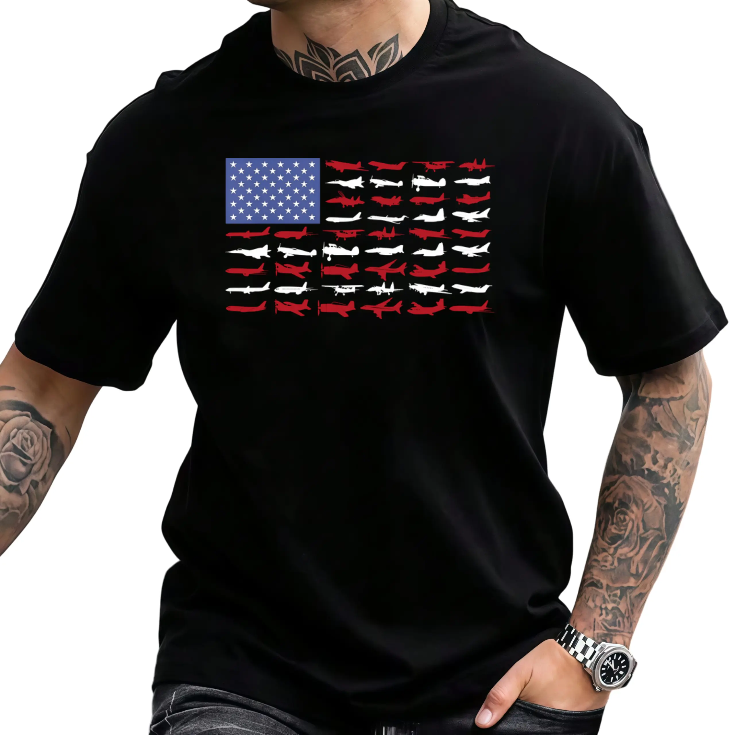 Men's 100% Cotton T-Shirt - Aviation-Themed American Flag with Aircraft (Fighter Jets, -17s, -24s) - Relaxed Fit All-Season Casual Wear, Ideal 4th of July & Veterans Day Group Gift for Pilots & Veterans