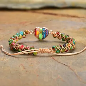 Love You Forever Handmade Adjustable Double Winding Healing Energy Stone Braided Bracelet with Colorful Heart Charm Jewelry Valentine's Day Gift