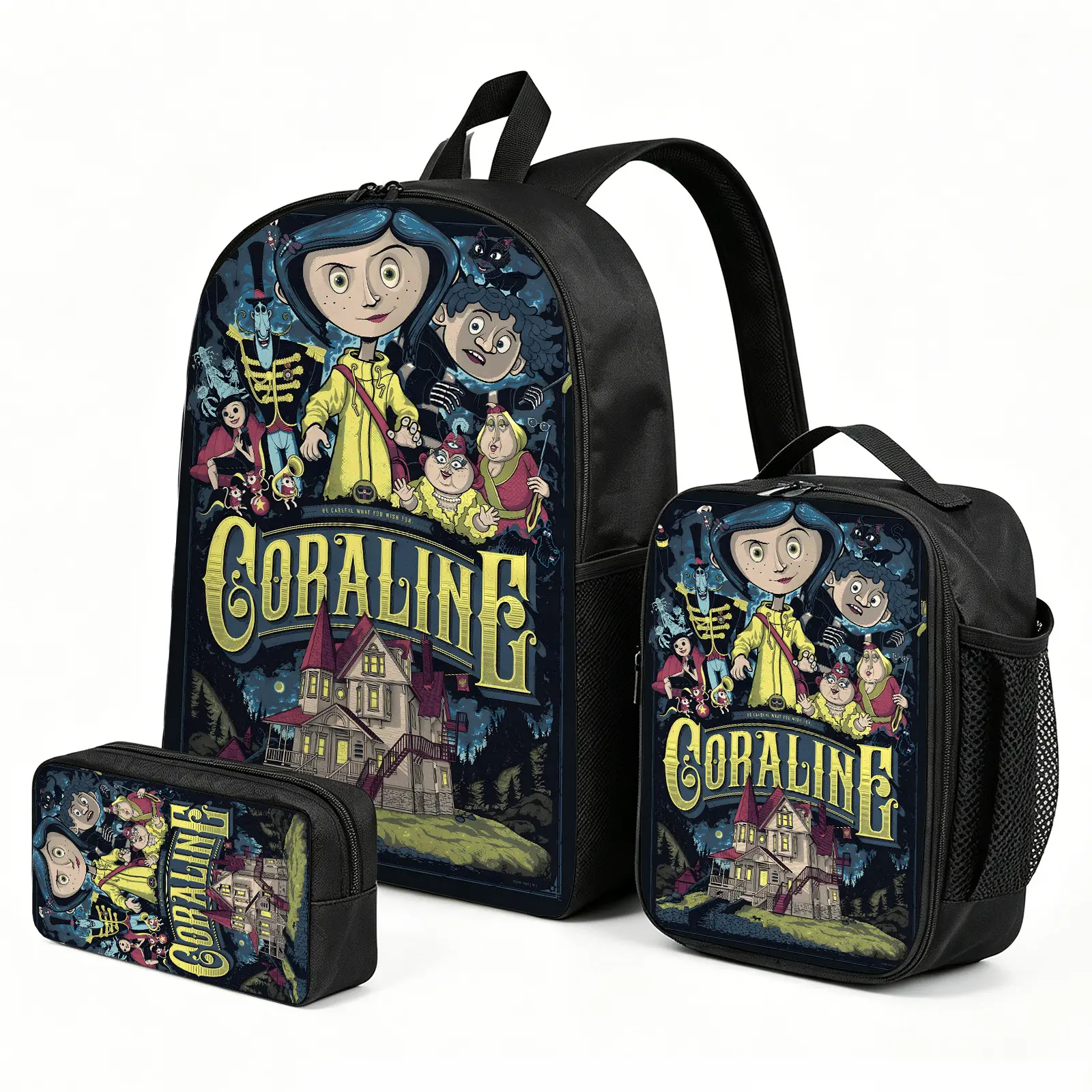 Coraline Lightweight School Backpack with Matching Lunch Pouch | Print Daypack | 3pcs Travel & Stationery Bag Set for Girls & Kids