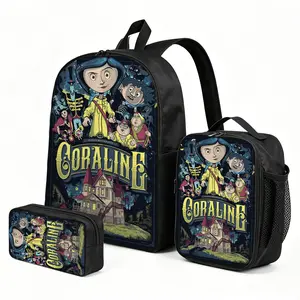 Coraline Lightweight School Backpack with Matching Lunch Pouch | Print Daypack | 3pcs Travel & Stationery Bag Set for Girls & Kids