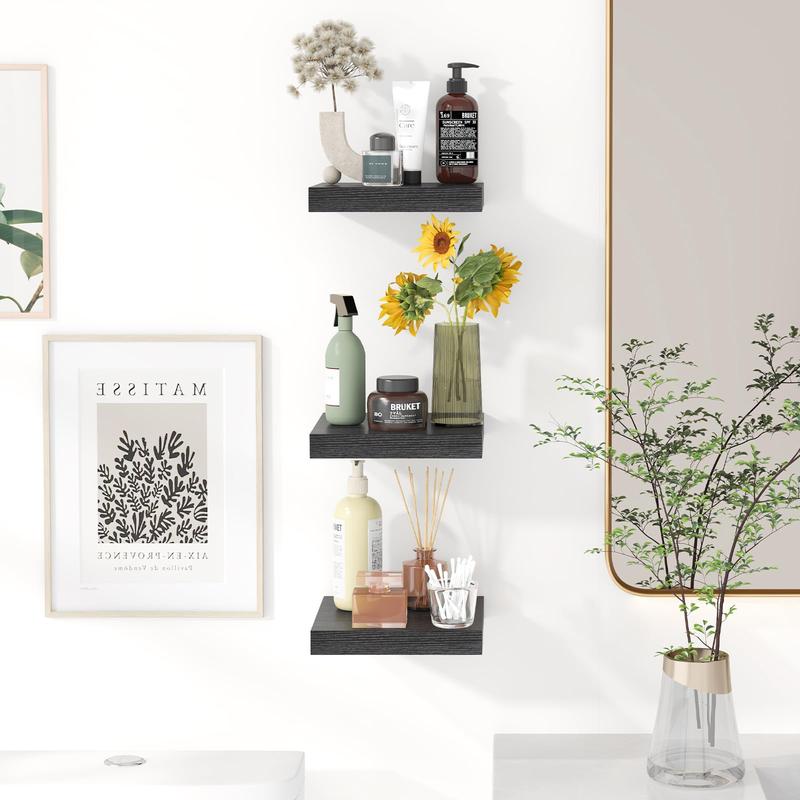 Floating Shelves for Wall, Small Black Shelves Wall Mounted Shelf for Bathroom, Living Room, Bedroom, Kitchen Decor (Set of 3, 8x8) Installation