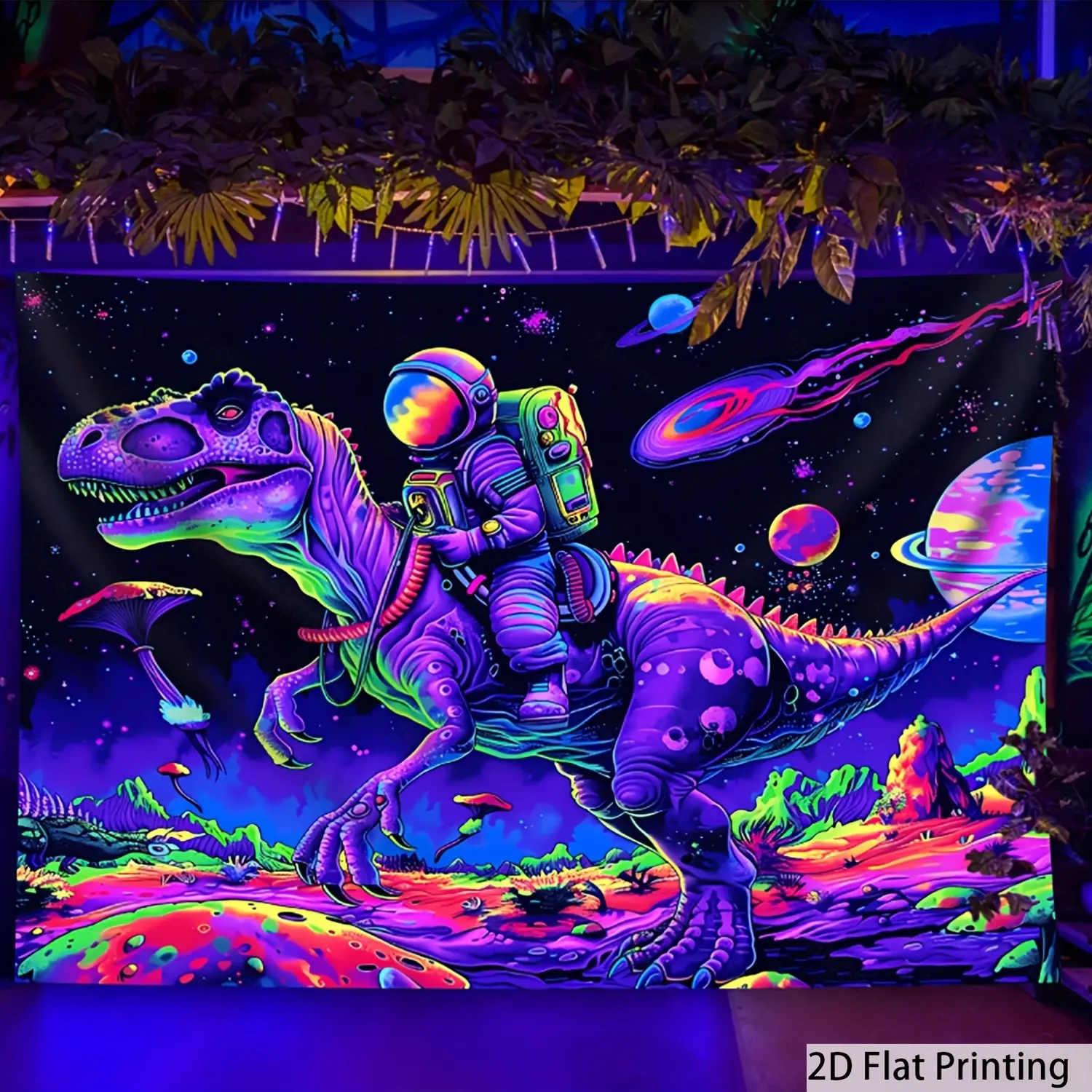 Funny Astronaut Riding a Dinosaur Glow-In-The-Dark Tapestry, Featuring Large Cosmic Planets, Perfect for Bedroom Aesthetics, Suitable for Parties, Celebrations, And Home Decor in Bedrooms, Offices, And Living Rooms