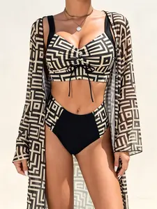 Women's Plus Size Swimsuits - 3-Piece Geometric Print High Waisted Bikini with Tummy Control, Kimono Cover Up for Curvy Beach Days (Swimsuit for Women)