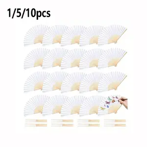1/5/10pcs Paper Fans Bamboo Foldable Handheld Fan, Wedding Party Decoration, Bedroom Home Desktop Ornament, 1/5/10pcs Set