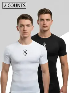 2PCS Men's Logo Print Compression T-Shirt Set, High Stretch Breathable Sports Shirt, Gym Athletic Clothes, Ideal for Gym Running Outdoor Activities