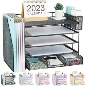 Desk Organizer with File Holder, 5-tier Paper Letter Tray File Organizer with Drawer and Pen Holder, Mesh Desktop Office Organization and Storage for School, Home, Office Supplies (Black)