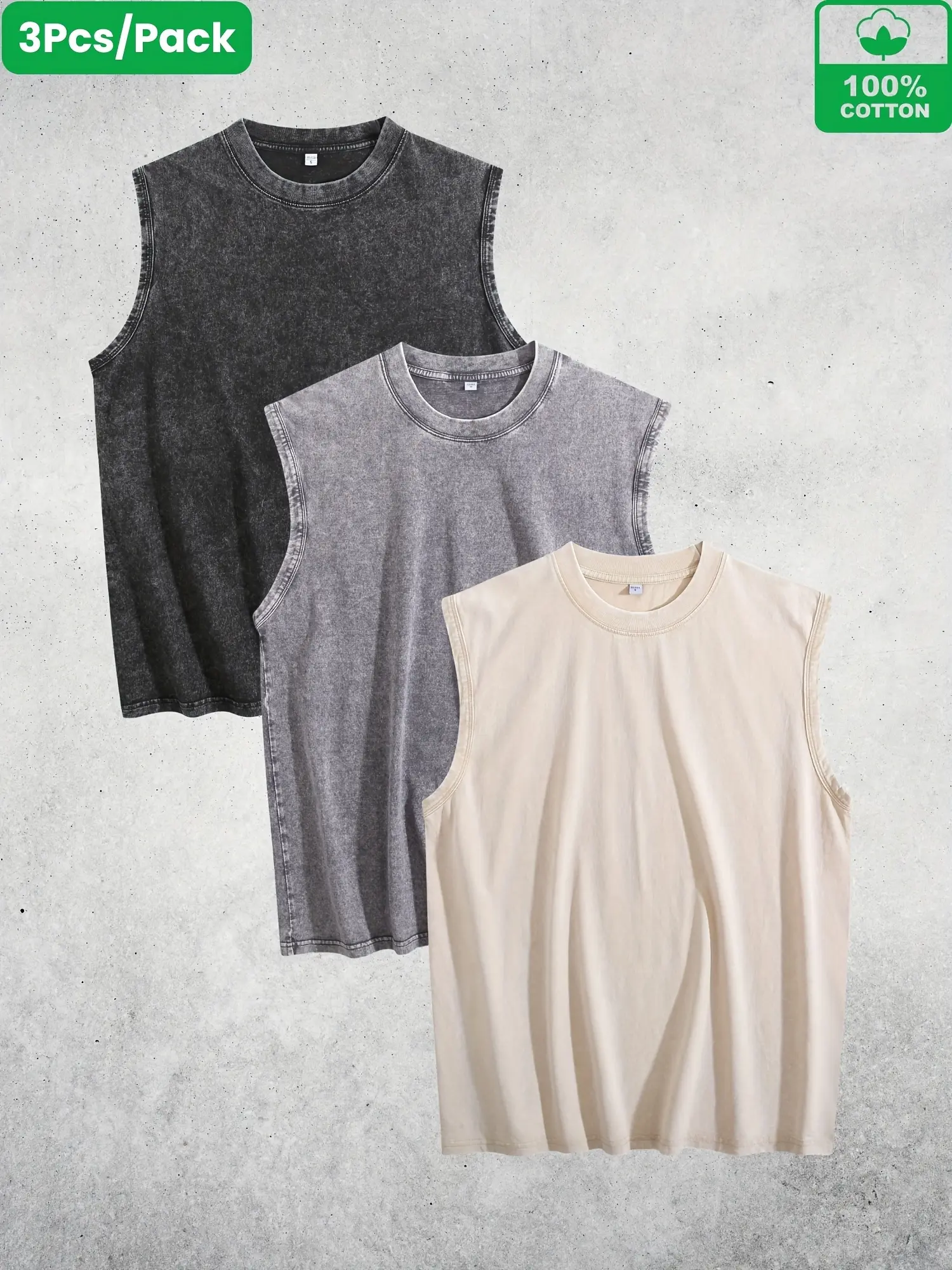 Men's 3-Pack Plain Tank Tops, Breathable 100% Cotton Acid-Wash Menswear, Loose Fit Crew Neck for Summer Fitness, 3pcs- Black + Gray + Coffee Brown, Casual Minimal