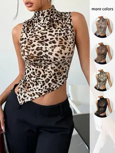 Women's Leopard Print Turtleneck Sleeveless Backless Top, Asymmetric Design, Slim Fit, Elegant Style, Party Office Wear, Casual Daily