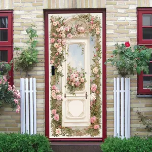 2pcs French French French Country Style Decorative Door Wall Sticker Self Adhesive Removable Rose Vine Flower Fake Door Decal for Living Room Bedroom French Country Style Decorative Door Wall Sticker