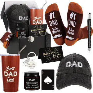 9 count Dad  Set  Dad Gifts for Father, Men with Tumbler Mens Socks Mens Baseball Cap Key Chain Card for Men Father Papa Christmas Gifts from Son Daughter (Brown)