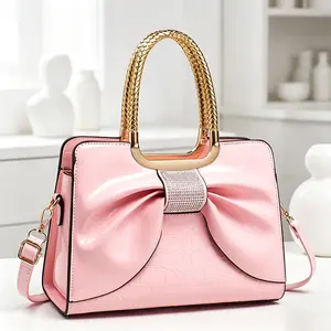 Women’s glossy leather handbag with top handle — medium-structured shoulder/handbag with adjustable strap
