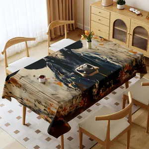 Thickened Waterproof & Oil - proof Polyester Tablecloth, Colorful Cartoon Cow Pattern, Washable for Family Camping, Housewarming, Wedding, Suitable for Home & Outdoor Use, Stylized Black Cow Design, Picnic Table Cover
