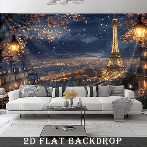 1pc Paris Backdrop Eiffel Tower Night View Cherry Blossom Starry Sky Design for Wedding Birthday Family Party Coming of Age Ceremony