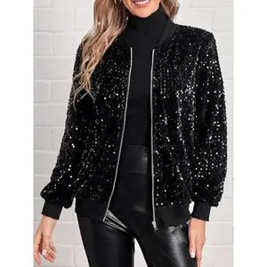 Women's Elegant Fitted Sequin Cardigan Jacket, Zipper Design, Long Sleeve, Perfect for Parties & Fashion Events, Spring & Fall Wear
