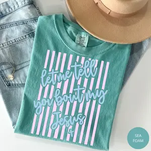 Comfort Colors Let Me Tell You About My Jesus Shirt, Easter Christian Tee, Coquette Bow Striped T-Shirt, Spring Faith Shirt, Religious Gift for Her