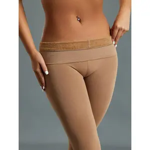 Women's Coffee Brown 600D High Elasticity Fleece Thermal Lined Tights Fashionable Minimalist Pantyhose Polyester Spring Basic Style