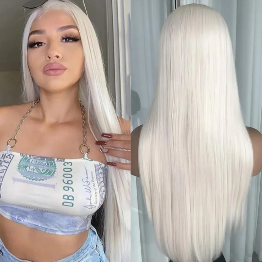 White Long Silky Straight Hair 13x4 HD Lace Front Wigs Pre Plucked With Baby Hair Natural Hairline Glueless Lace Wig Long White Color Hair Wig For Women Daily Cosplay Party Use Ready to Wear 26 Inch Heat Resistant Synthetic Fiber
