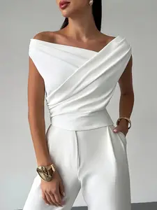 Summer Plain Asymmetrical Off-Shoulder Sleeveless T-Shirt for Women, Perfect for Outdoor Dates, Stylish and Comfortable