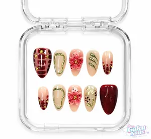 GakuNails RUBY GARDEN Multi-Pack Press On Nails - 10 PCS Medium Almond Handmade 3D Flower Builder Gel Nail Tips Kit, Selectable Sizes, Reusable