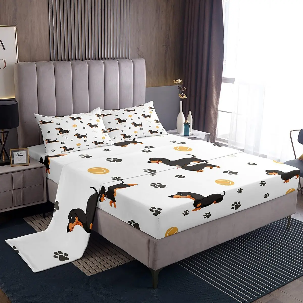 Feelyou Queen-Size Microfiber Bedsheet Sets - Ultra-Soft Bedding Sets Collections with Cute Dachshund, Ball, Bone, Paw Print Designs, Mattress Cover, Ideal for Animals, Sofa, RV, Kids' Christmas Gift
