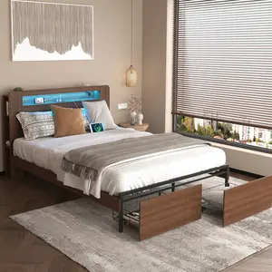 Full Size Platform Bed with Storage Headboard, LED Light & Charging Station, Farmhouse Wood Full Bed Frame w/Large Drawers, Solid Rustic Beds Frames Full, No Box Springs Needed, Easy Assembly, Brown
