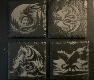 Laser Engraved Slate Coasters -Dragons- SET OF 4