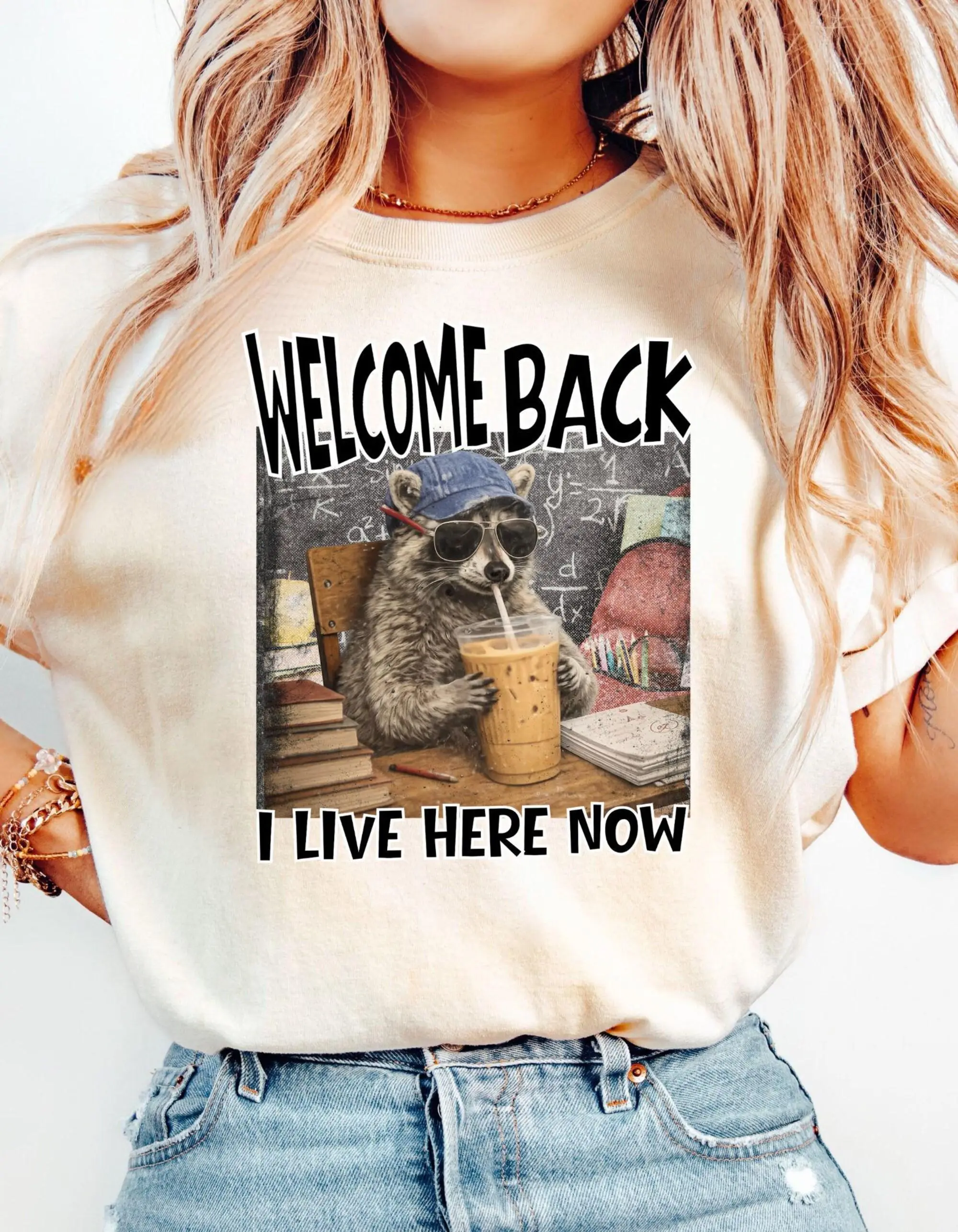 Comfort Colors Back to School Teacher T-Shirt, Funny Raccoon I Live Her Now Classroom T-Shirt, First Day of School Tee, Welcome Back