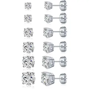 MDFUN  Unisex Four-Prong Gradient Round CZ Stud Earrings Set Sparkling Transparent Zirconia