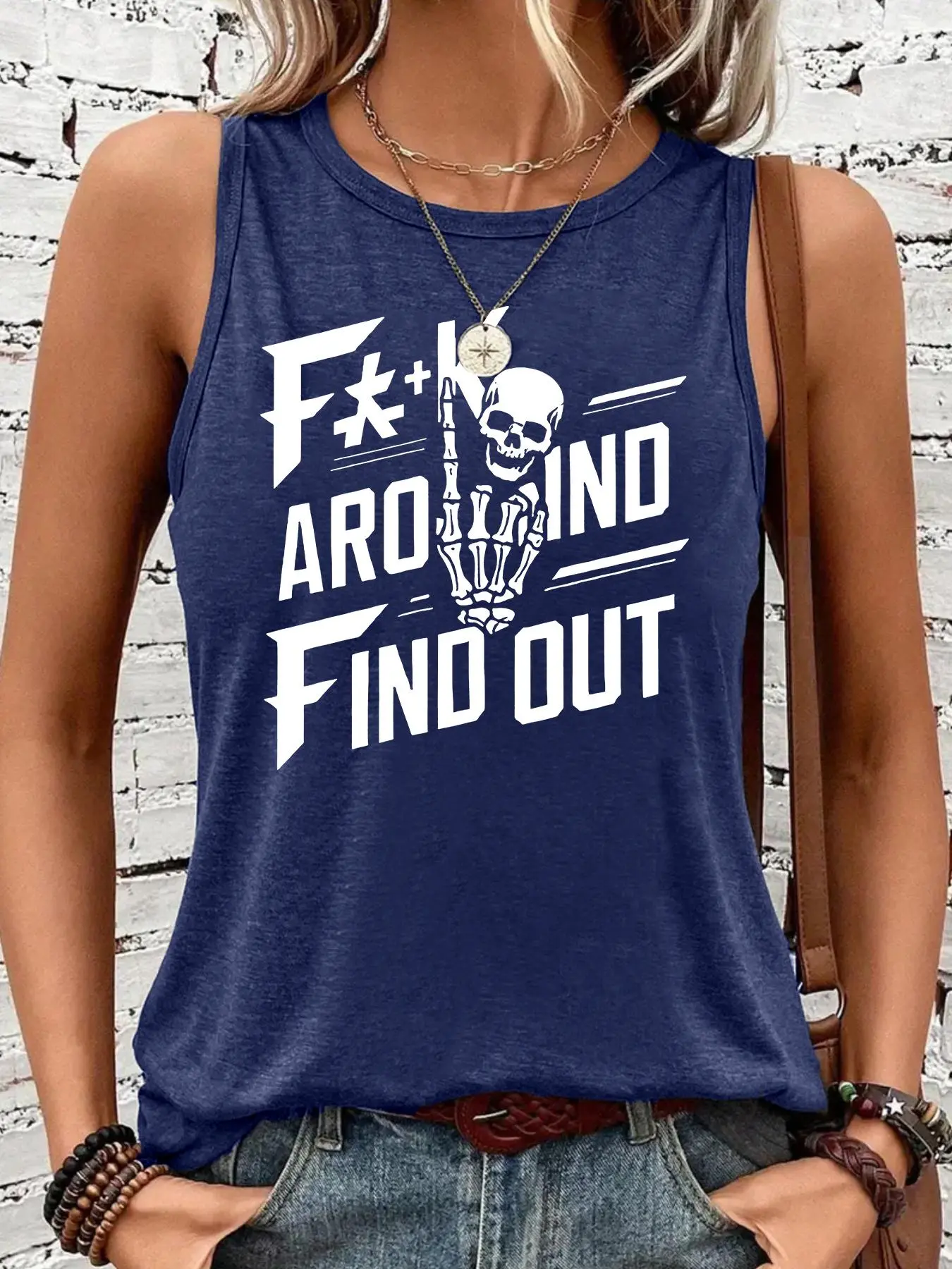 Fk Around Find Out Skull Graphic Knit Tank Top, Casual Basic Tanks, breathable summer tank, Womenswear Casual Summer Sleeveless T-Shirt for Women, Loose Fit S-Xxl Available Piece