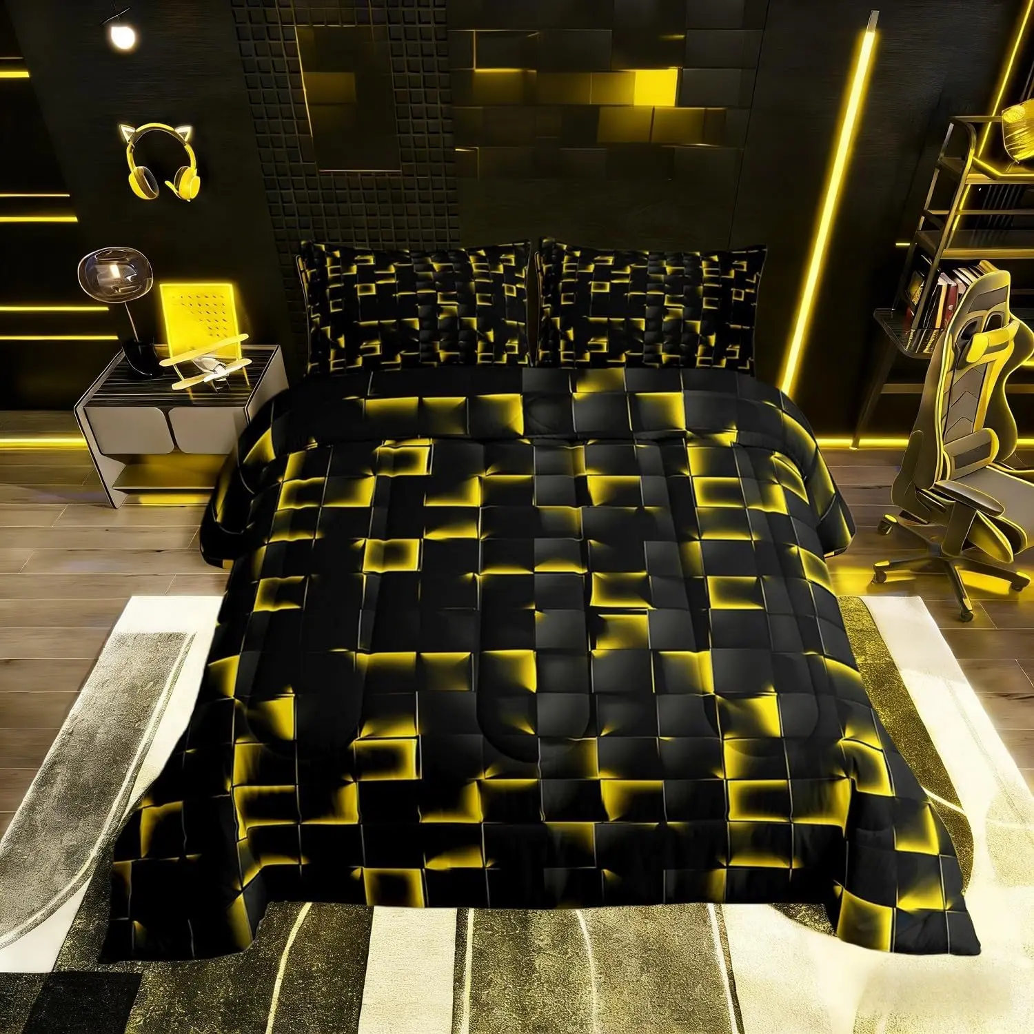 Geometric Checkered Comforter Neon Black Gold Comforter Set Men Gaming Room Decor,Abstract Ombre Plaid Bedding Set Grids Quilt Duvet