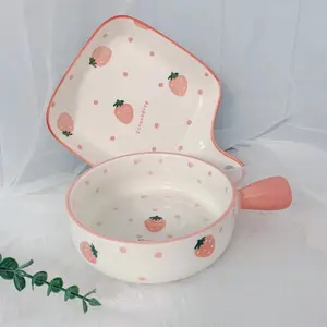 Microwave-safe Nordic-style plates and bowls, featuring hand-painted strawberry handles, ceramic tableware, baking tray, and egg steaming bowl.