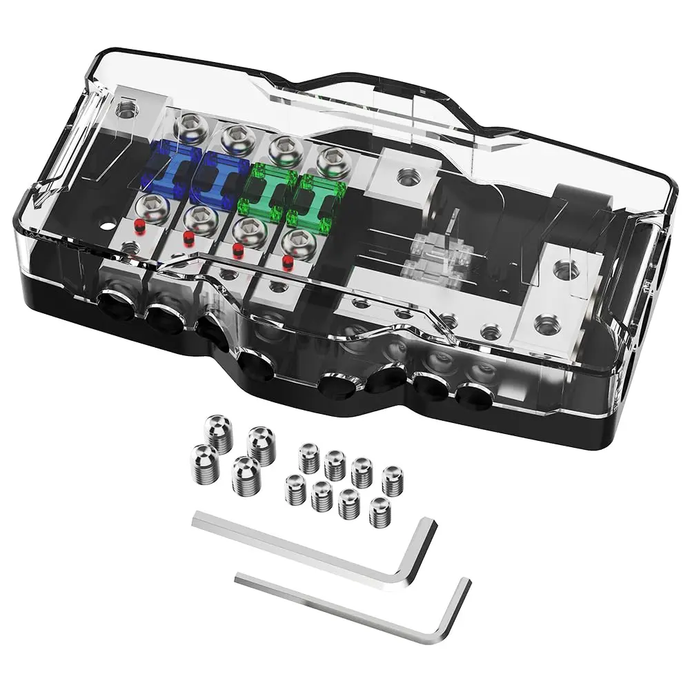 4Way MIDI (Mini-ANL) Distribution Block 12V Car Audio 0/4 Gauge Fuse Block with Ground for Auto Boat UTV Stereo Amp