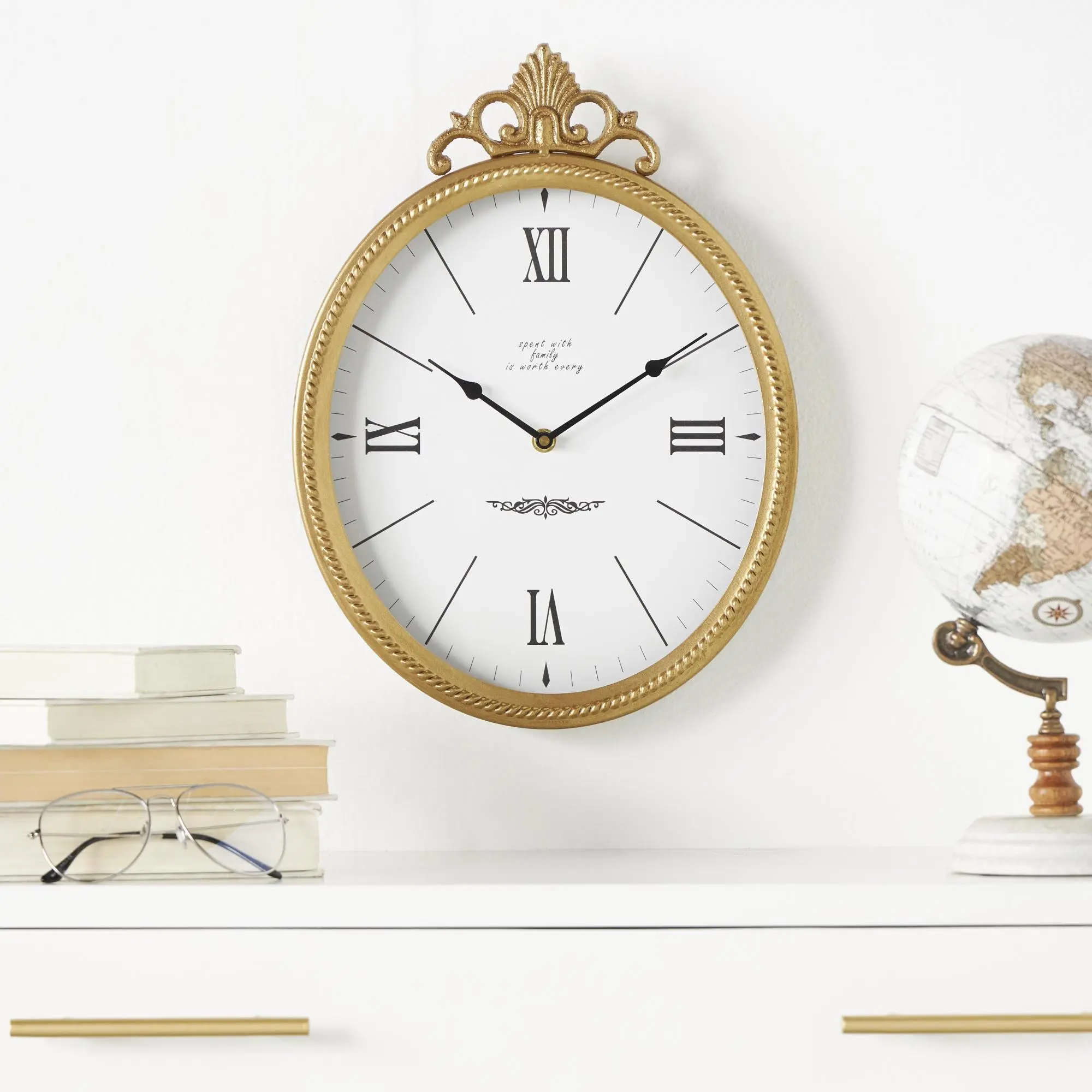 Scroll Gold Metal Antique Inspired Decorative Wall Clock with Finial