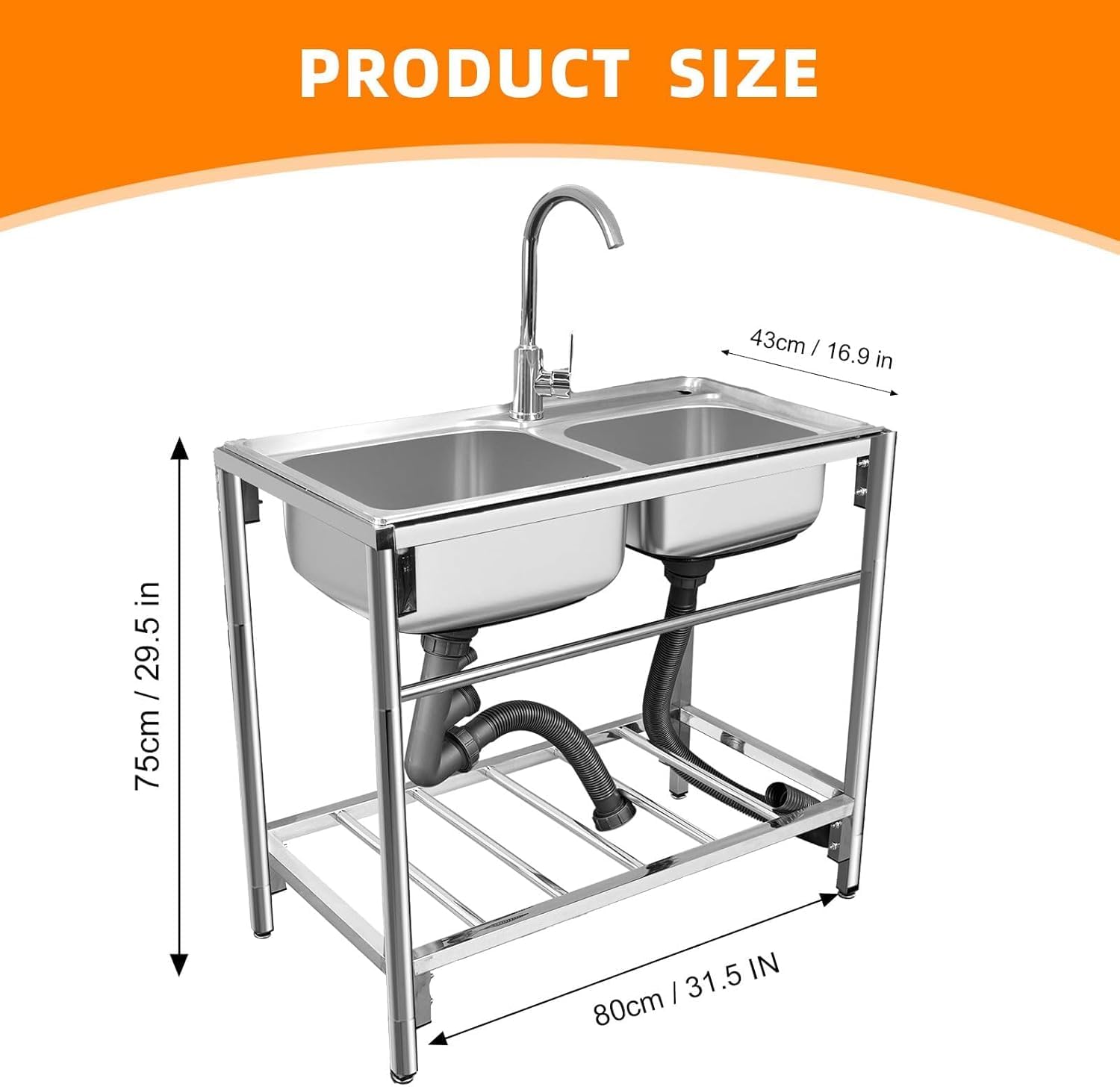 Freestanding Double Bowl Sink, 31.5" x 16.9" x 29.5" Stainless Steel Kitchen Sink, Outdoor Utility Sink with Hot Cold Faucet, Ideal for Restaurant, Kitchen, Laundry, Garage