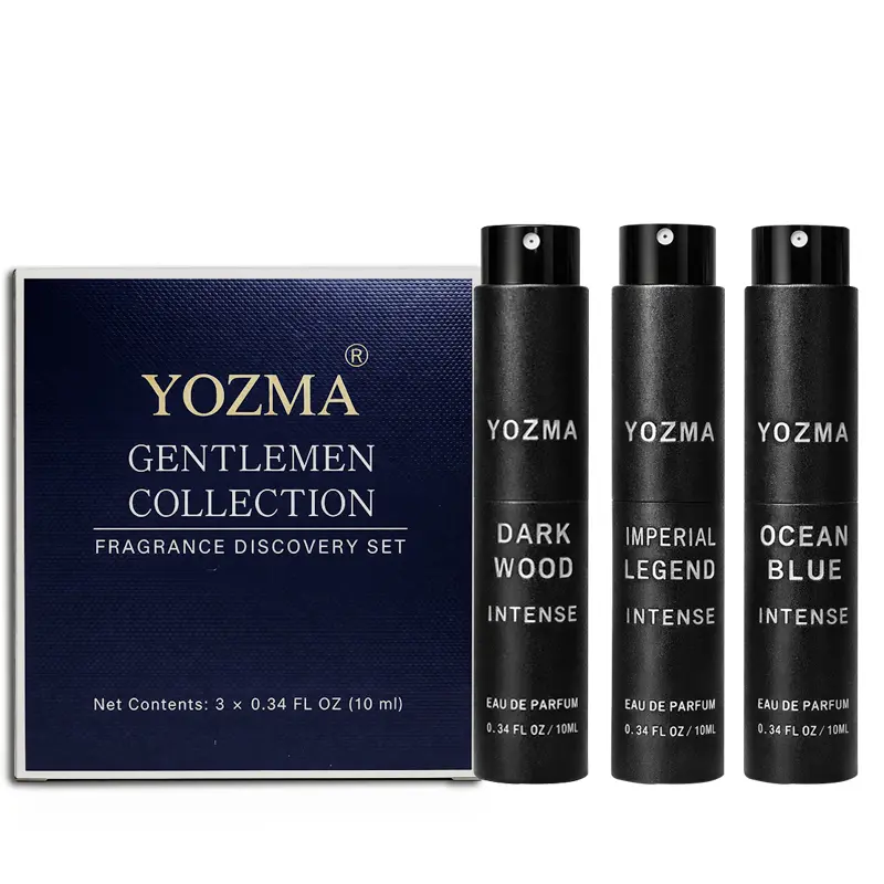 YOZMA Gentlemen Collection Men's EDP Fragrance Discovery Gift Box - Variety of 3 Compact 10 ml Spray-On Alcohol-Containing Bottles, 3 Distinct Scents (Dark Wood, Imperial Legend, Aquatic Ocean Blue Intense), Travel-Size Mood-Matching Set