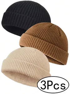 3 Pcs Unisex Trawler Beanie Set - Roll-Up Edge Skullcap Design for Winter Warmth & Outdoor Activities