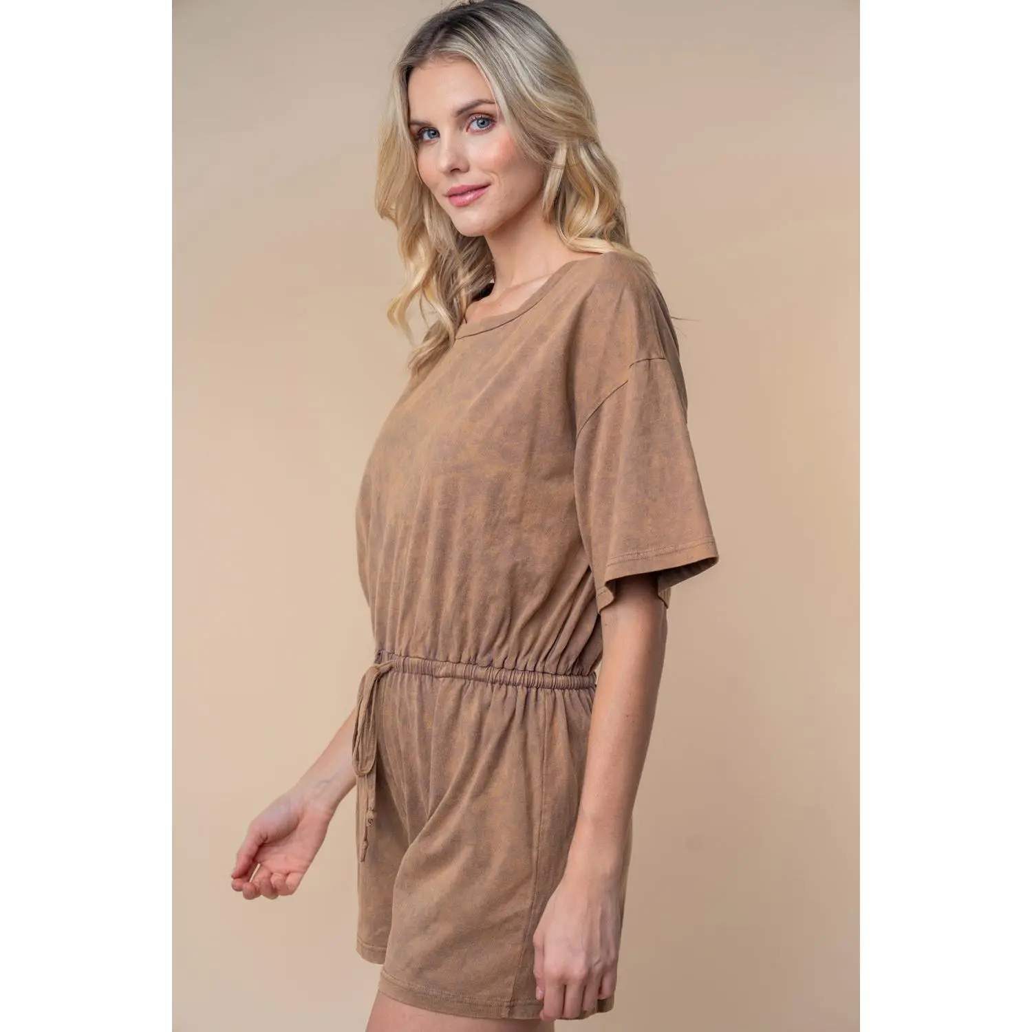 White Birch Full Size Short Sleeve Drawstring Romper Breathable Cotton Round Neck