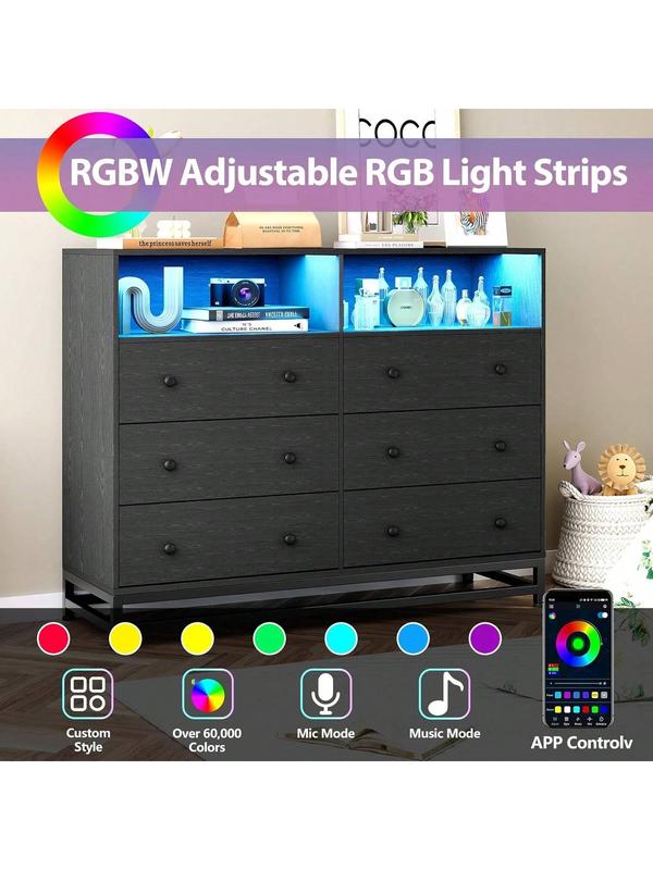 【Christmas Gift】black- 6 Drawer Double Dresser TV Stand, Bedroom Dresser With Power Outlet & LED Light, Wood Dresser For Room, Hallway