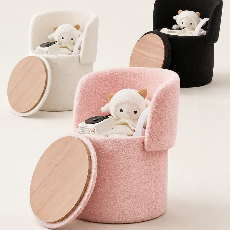 Multifunctional Stool - Blush Pink Teddy Velvet Chair with Universal Wheels, Plush Texture Upholstered Ottoman, Soft Padded Footstool, Storage Seat with Backrest, Side Table-Ready Bedroom Indoor Furniture (Stools & Benches)