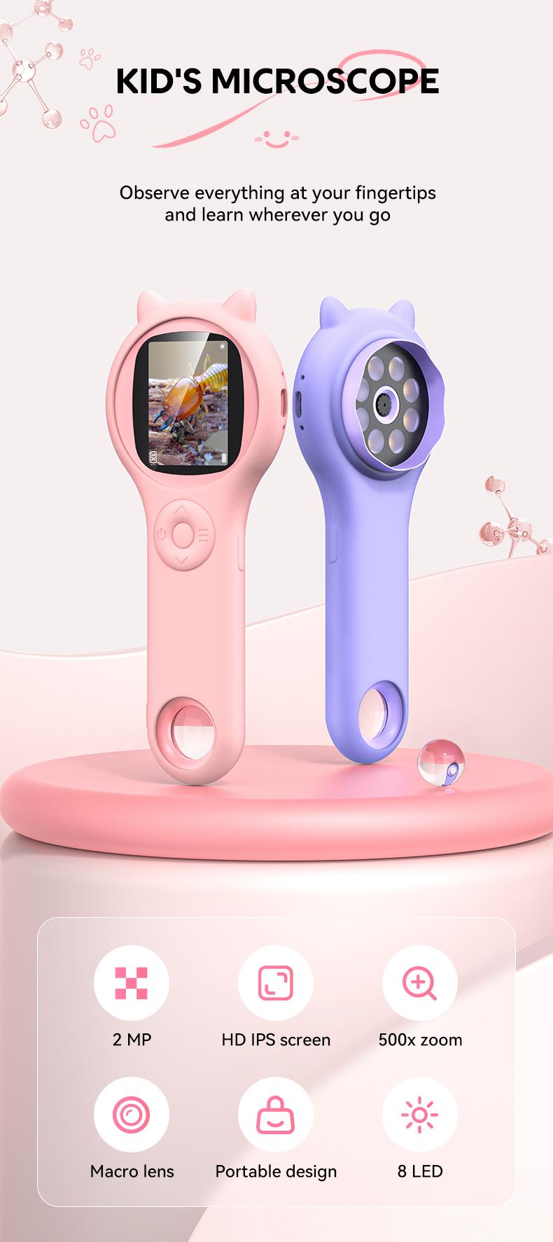 Cat Ear Kids Handheld Microscope, 500X Zoom 2MP HD IPS Screen Portable Digital Microscope with 8 LED, Educational Science Toy for Kids