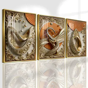 3 Counts Aluminum Alloy Framed Painting, Abstract Gold And Beige Geometric Art Pictures, Home Decoration For Living Room, Bedroom, Office, Restaurant, Hallway Wall Decor, Odorless Print Artwork, Luxury Perfect Gift For Friends And Family